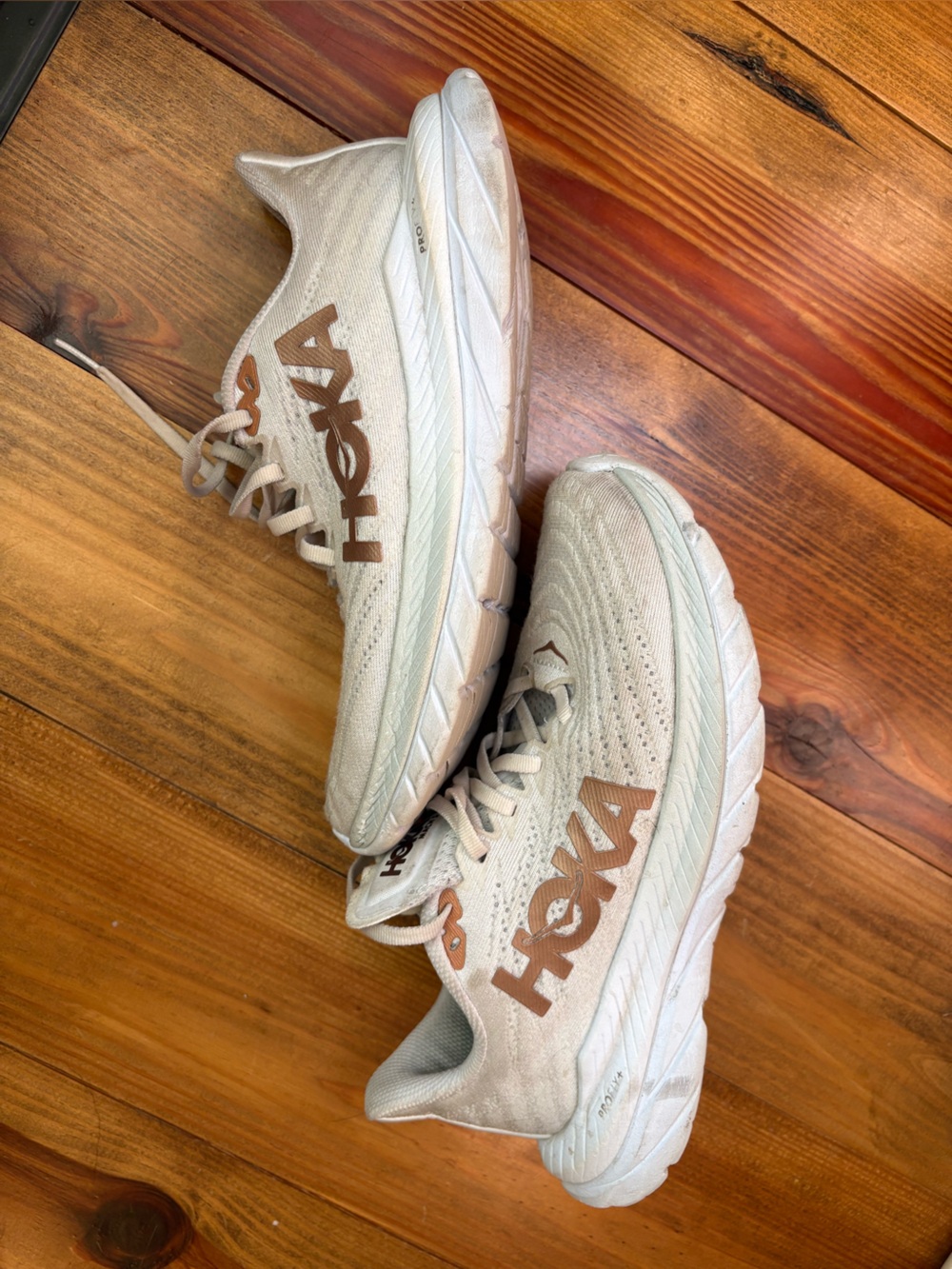 Hoka Neutral Running Shoes in Light Beige with Brown metallic Logo